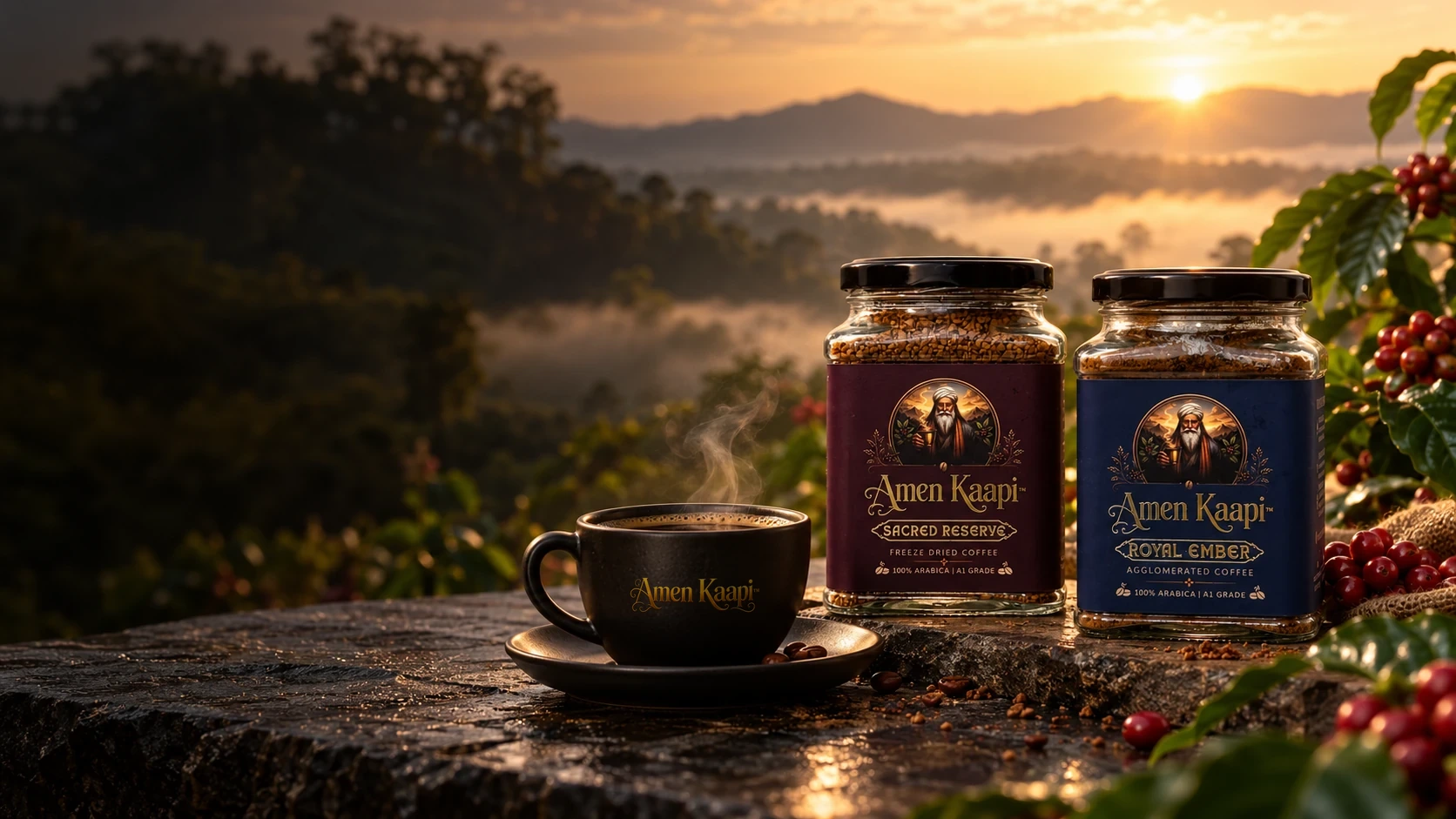Amen Kaapi Sacred Reserve and Royal Ember coffee jars with a cup of coffee in the Chikkamagaluru hills