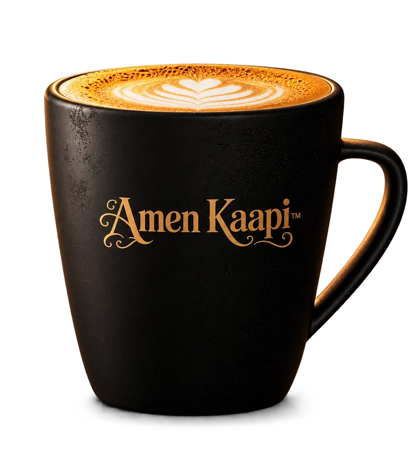 A Velvet Cappuccino with latte art in a black Amen Kaapi cup.